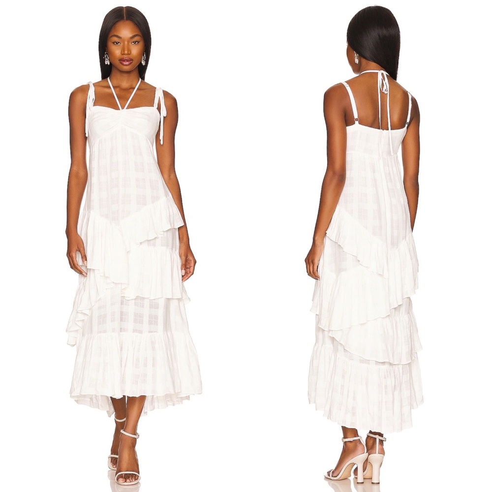 CINQ A SEPT Wilder Gown White Linen Midi Dress Ruffle Bow Detail NWT size 0